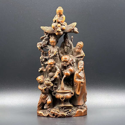 Chinese Boxwood Carving Eight Immortals Figure Statue Wood Sculptures Home Decor