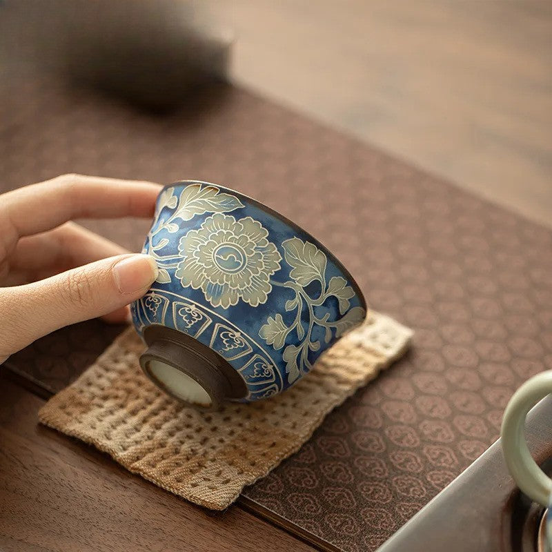 120ml Ceramic Ru Kiln Peony Teacup Tea Bowl Tea-tasting Fragrance Cup Master Cup
