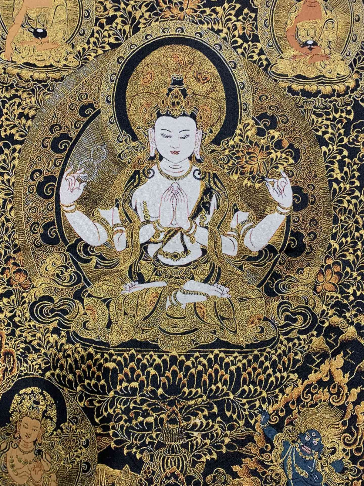 36" Tibet Tibetan Cloth Silk Buddhism 4 Arms Guanyin Buddha Tangka Thangka Mural