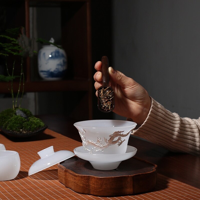Jade Plated Silver Dragon Ceramic Cover Bowl Teacup Gaiwan Tea Bowl Kung Fu