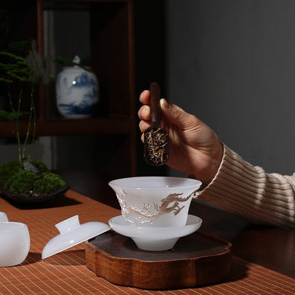 Jade Plated Silver Dragon Ceramic Cover Bowl Teacup Gaiwan Tea Bowl Kung Fu