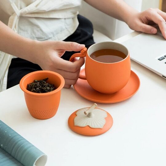 Ceramic Persimmon Mug Orange Tea Cup With Saucer And Infuser Office Tea Cup Mugs