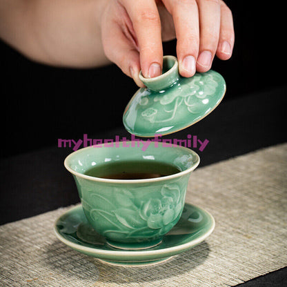 boutique gaiwan longquan celadon porcelain tureen shadow carved Sancai bowl lid