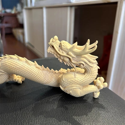 Natural Boxwood Carved Dragon Statue Beast Feng Shui Home Office Decor