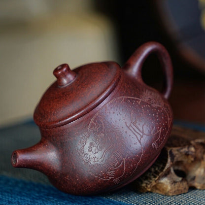 Handmade Yixing Iron Red Clay Teapot 180cc Double-Side Carved Kung Fu Pot