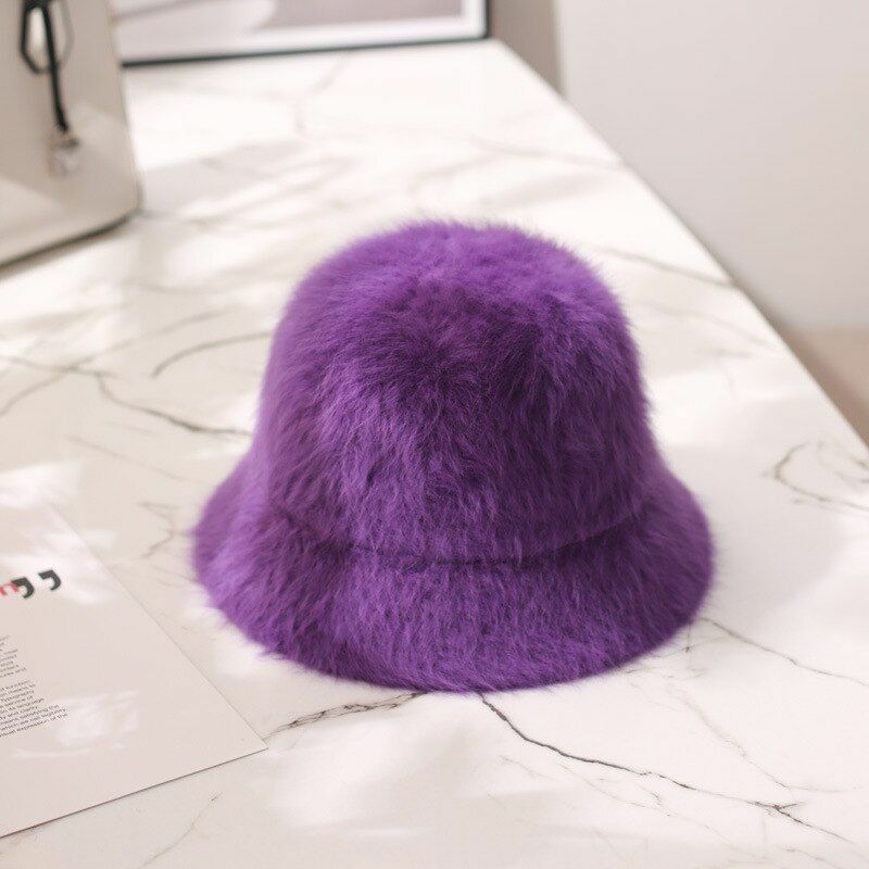 Hat Winter Women Solid Color Rabbit Fur Bucket Cap Fisherman Retro Knitted Wool