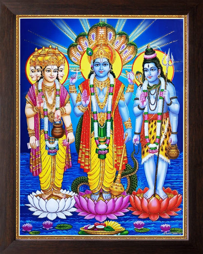 Lord Brahma Vishnu Mahesh Painting HD Printed Religious Picture Wooden Frame