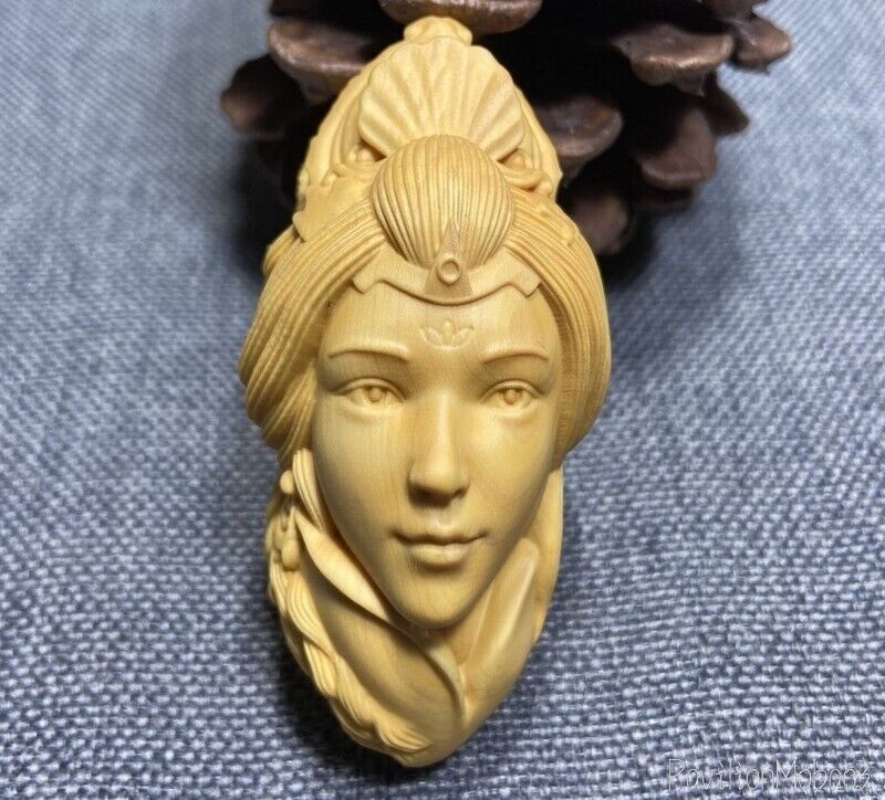 Natural Boxwood Carved Chinese Beauty Girl Statue Pendant