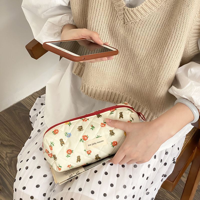 Makeup Bag Soft Cotton Zipper Cosmetics Organizer Small Cute Make Up Pouch - Thumbnail 2