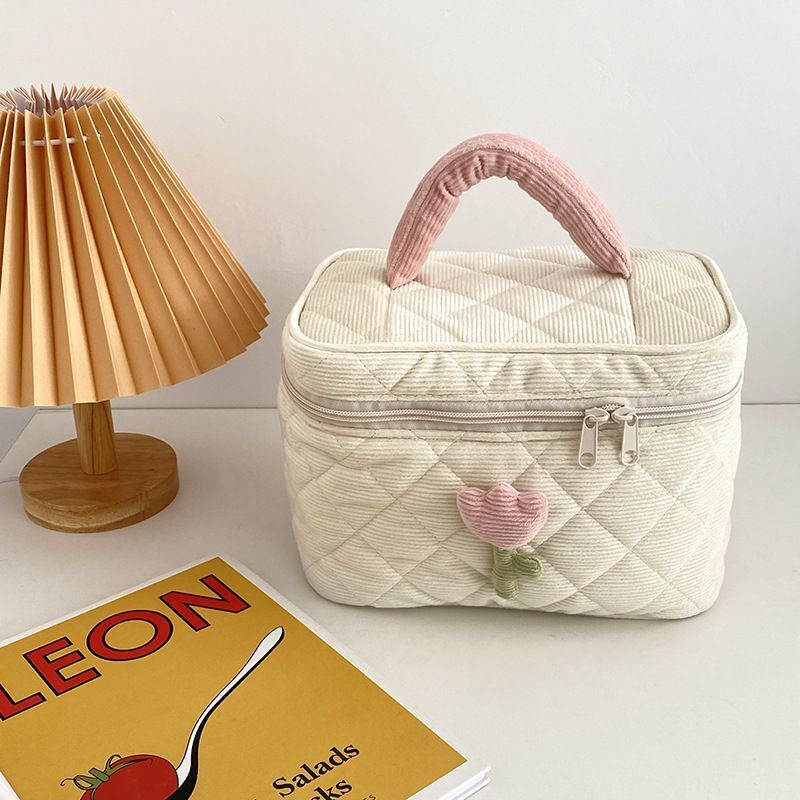 Flowers Print Pouch Large Travel Cosmetic Bag Corduroy Toiletry Bags Storage Box