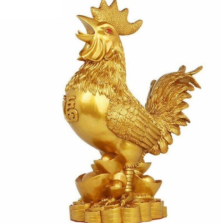Chicken Figurine Gold Plating Lucky Cock Home Decoration Resin Statue 26x14x38cm