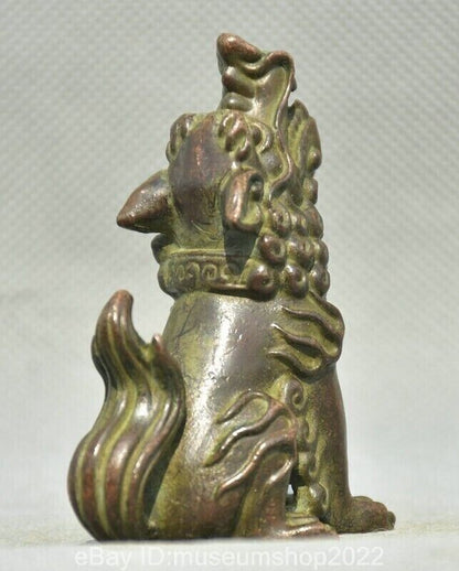2.6" Old Chinese Dynasty Bronze Fengshui Animal Foo Fu Dog Guardion Lion Statue