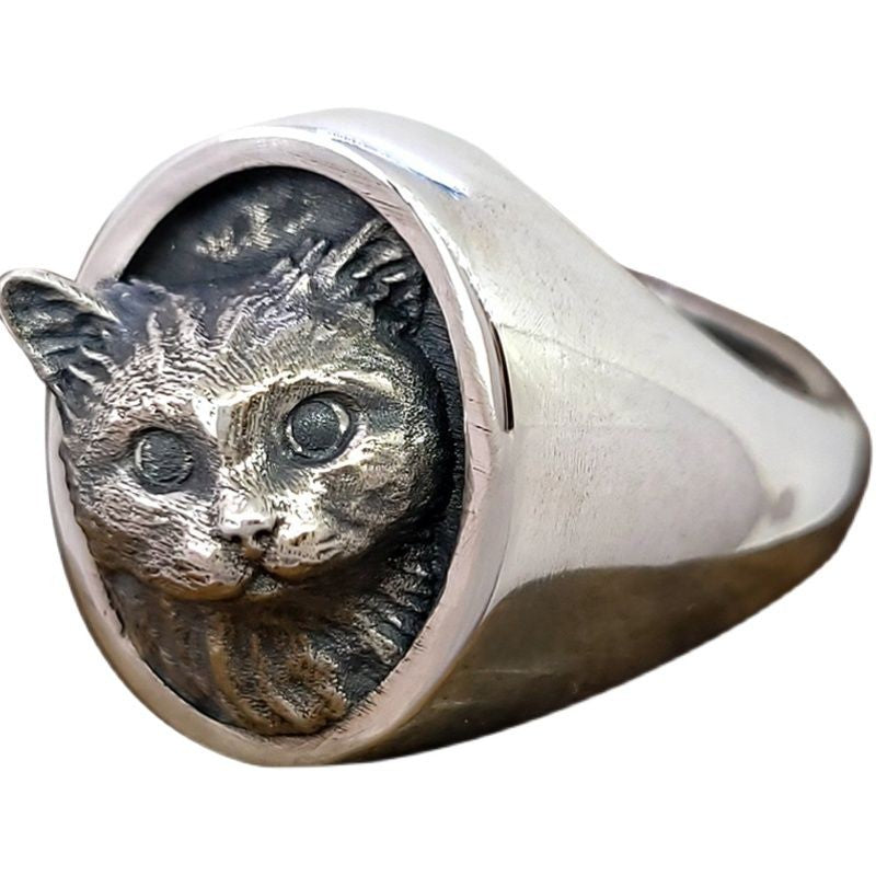 Vintage Cat Relief Ring Adjustable Open Silver Plated Pet Jewelry