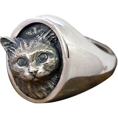Vintage Cat Relief Ring Adjustable Open Silver Plated Pet Jewelry