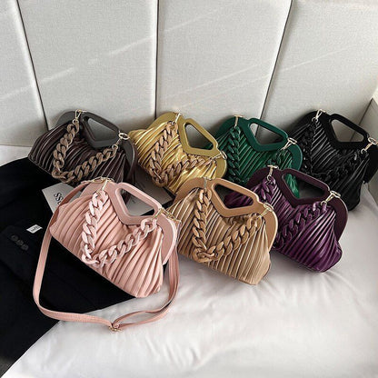 Handbag Thick Chain Handle Pleated Shoulder Bag Women Clutch Purses Crossbody