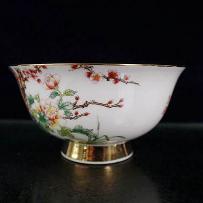Old Chinese powder color porcelain outline in gold flower bird Big bowl Qianlon