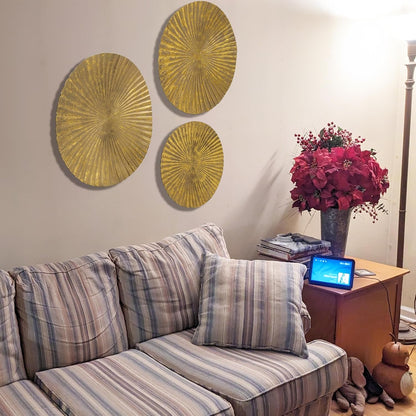 Set of 18", 15", and 12" Hanging Gold Color Ribbed Metal Circles Wall Decoration