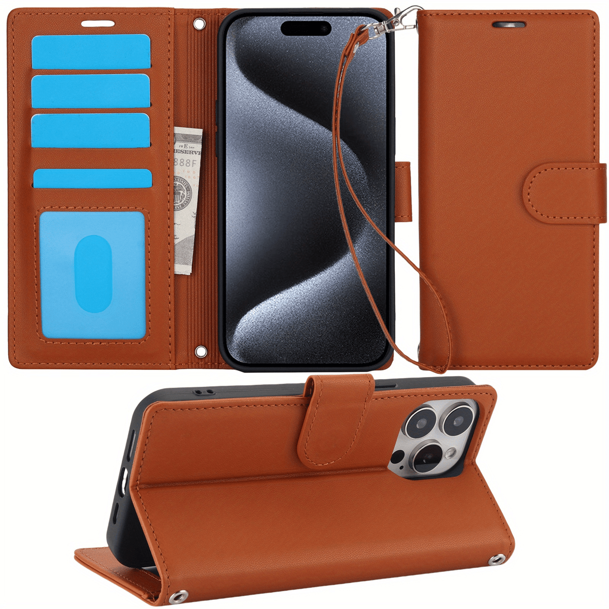 For iPhone 16/15/14/13/12/11 Pro Max Case Card Holder Wrist Strap Wallet Cover