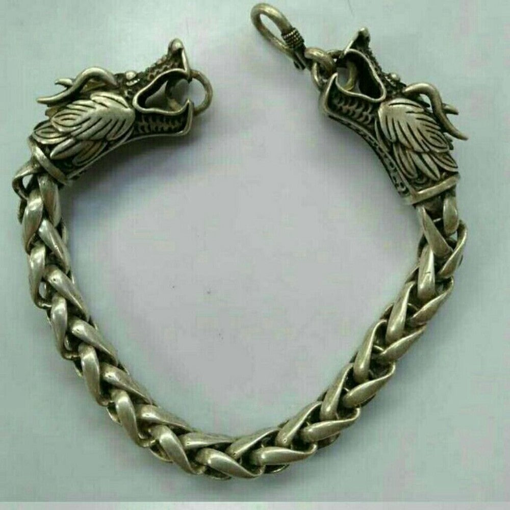 Old Chinese tibet silver carving dragon head Bracelet