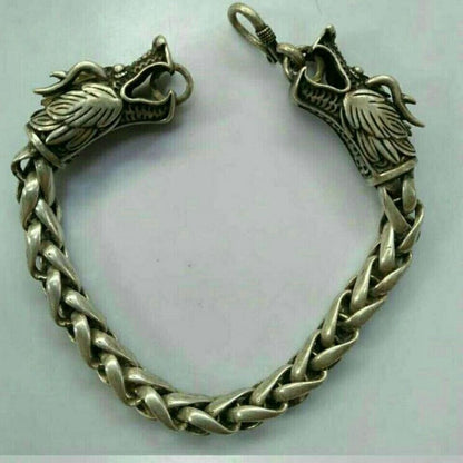 Old Chinese tibet silver carving dragon head Bracelet