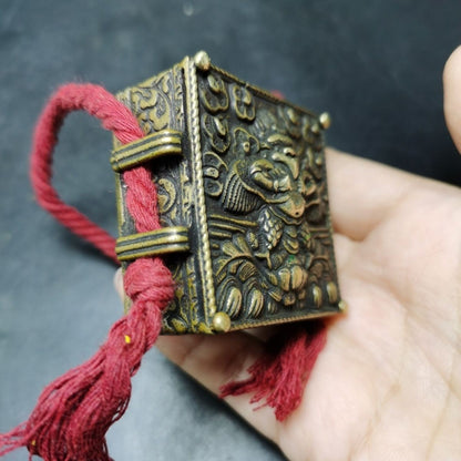 Vintage Tibetan Brass Gau Box Garuda Double Vajra Amulet 5.8×2.2cm