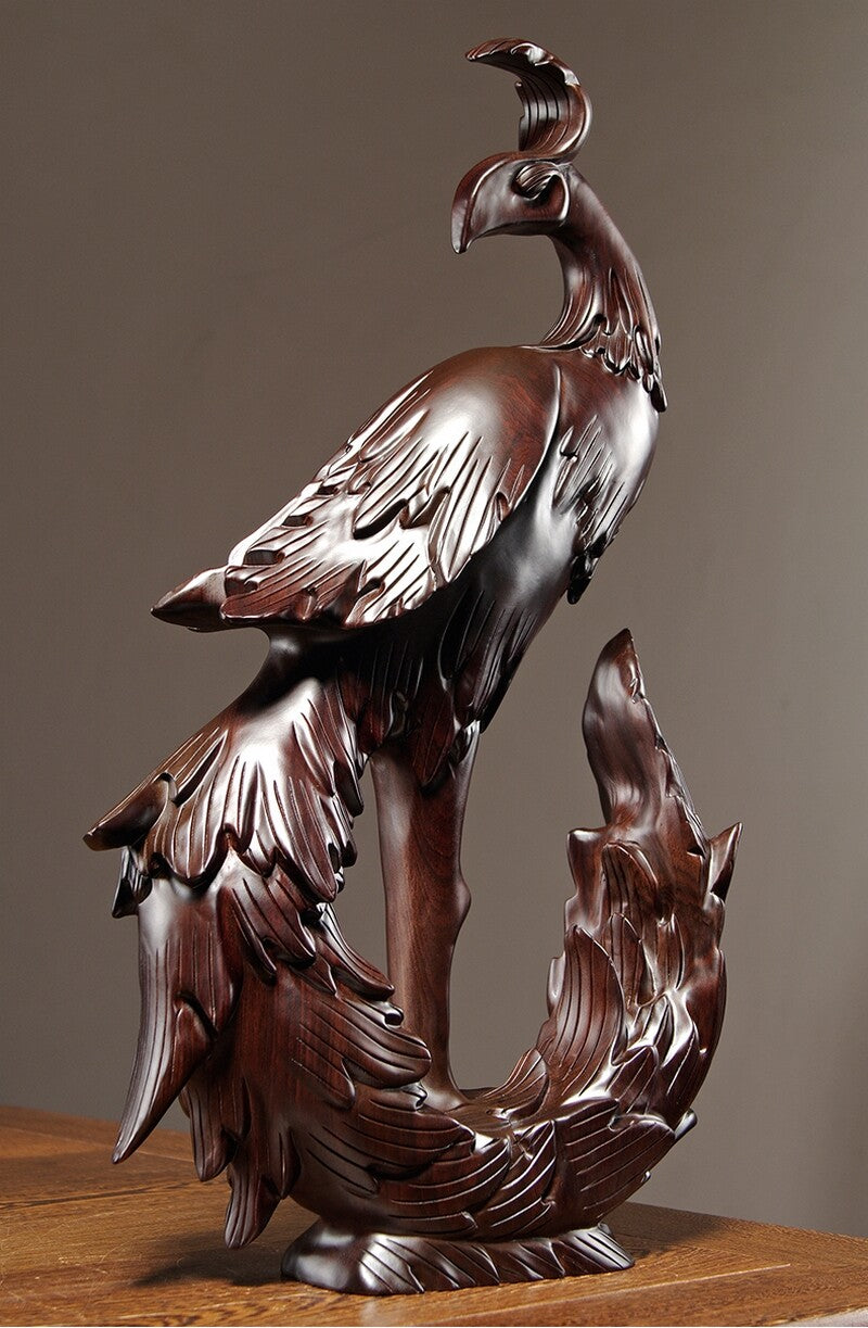 Solid Ebony Wood Carved Chinese Phoenix Statue Sculpture Feng Shui Decor