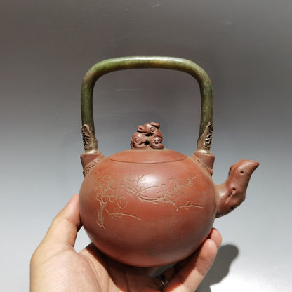 Chinese Yixing Zisha Clay Handmade Exquisite Teapot（镶玉提梁壶 底款：杨彭年）