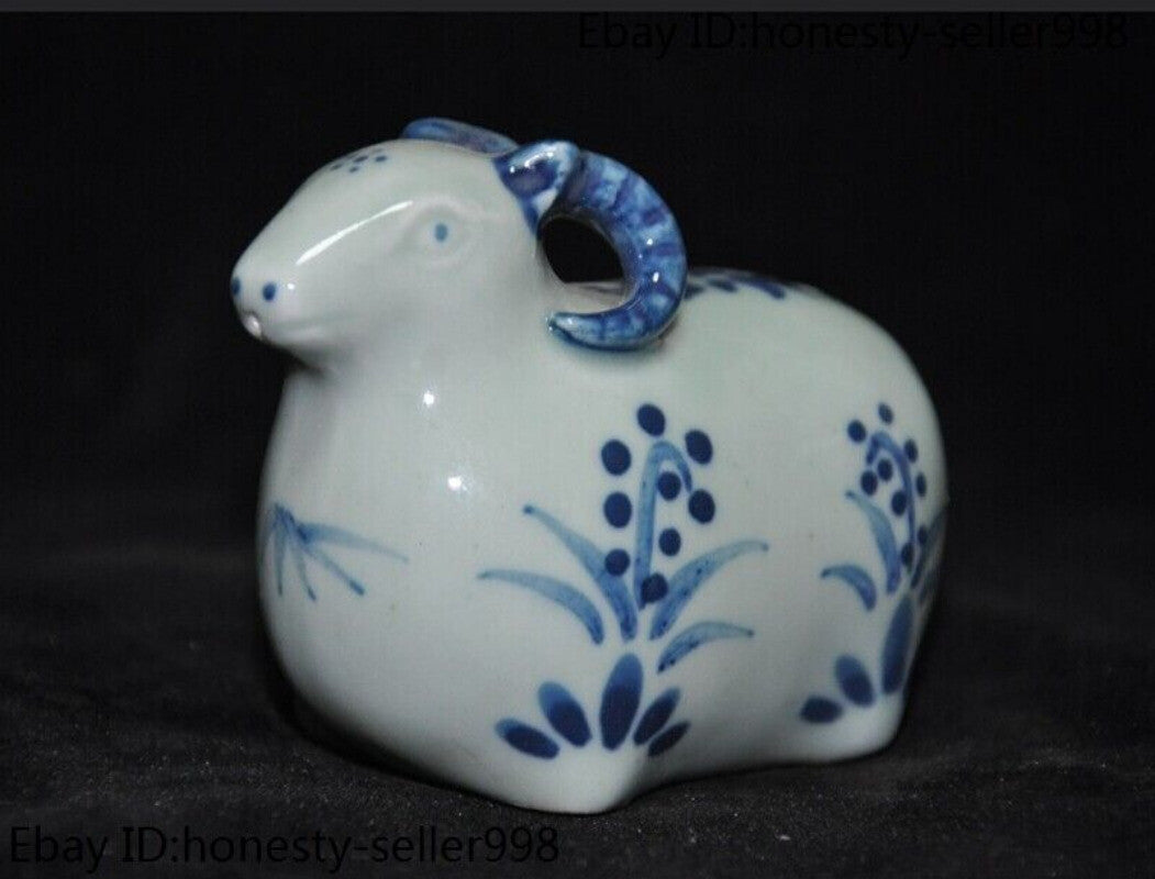 3.2'' Antique Blue White Porcelain Wealth Lucky Zodiac Sheep Goat Statue Crafts