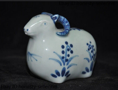 3.2'' Antique Blue White Porcelain Wealth Lucky Zodiac Sheep Goat Statue Crafts