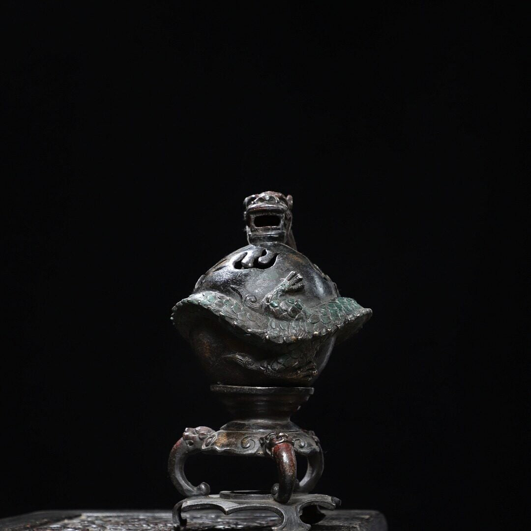 10" Chinese Bronze Gilt Myth Dragon Ball Incense Burner Censer