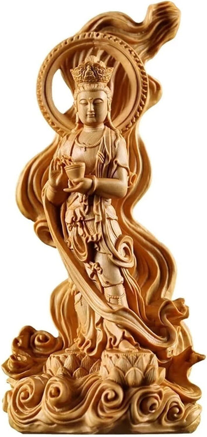 Goddess of Mercy Guan Yin Buddha Statue Nanhai Kuanyin Hand Carved Boxwood Decor
