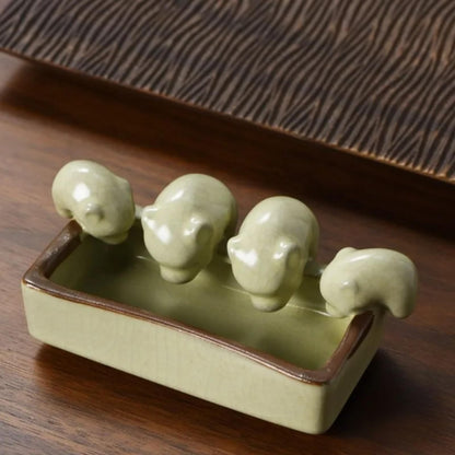 Set of 4 Crackle Glaze Pig Ruyao Tea Pet 10.8cm Tea Tray Decoration Tea Ceremony