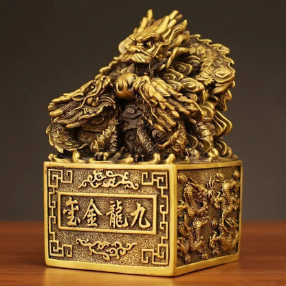 Feng Shui Copper Nine Dragons Seal Ornament Brass Dragon Seal Decoration