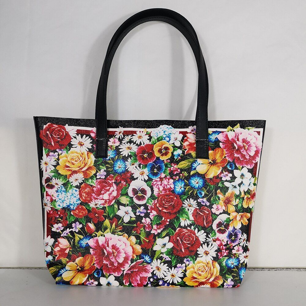 Floral Traveling Shoulder Bag Textured Leather Shopper Large Bag Women Handbags