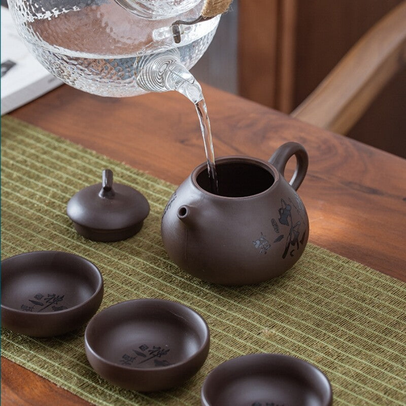 On Sales Real Yixing Zisha Tea Set Purple Clay Tea Pot 4 Cup Tea Canister Sealed