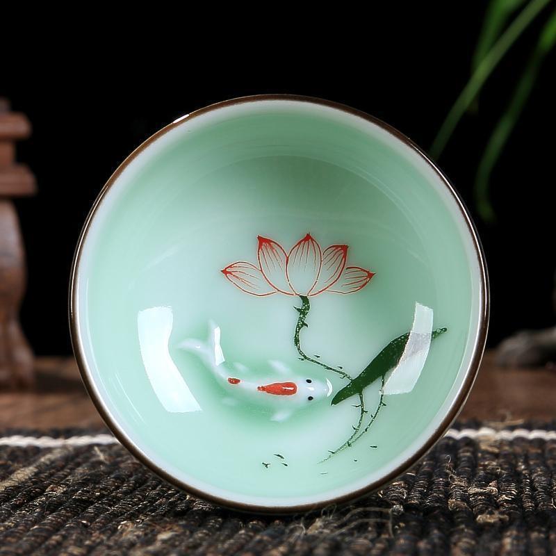 2 Pcs Tea Cup One Piece 65ml Longquan Porcelain Kungfu Tea Cup Fish Carved New