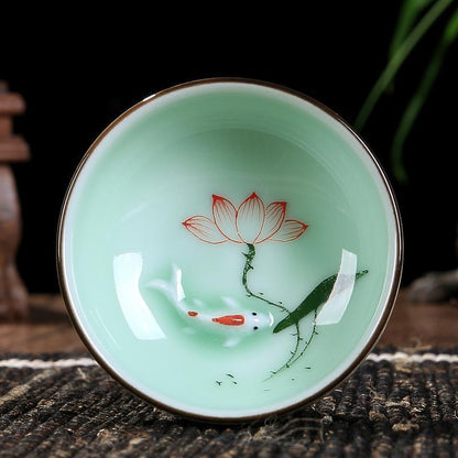 2 Pcs Tea Cup One Piece 65ml Longquan Porcelain Kungfu Tea Cup Fish Carved New