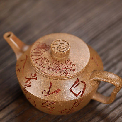 hand carved tea pot true yixing zisha duan clay master pot 9 infuser holes 170ml