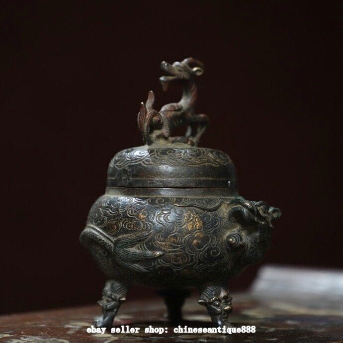 5.5" Marked Antique China Pure Bronze Dynasty Dragon Beast Incense Burner Censer