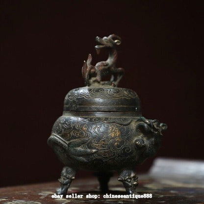 5.5" Marked Antique China Pure Bronze Dynasty Dragon Beast Incense Burner Censer