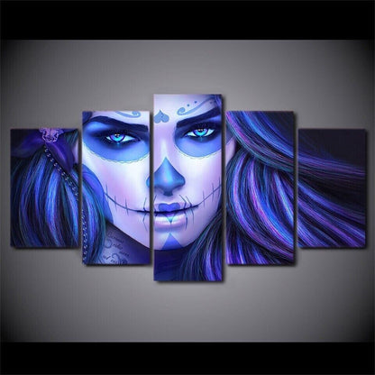 Day Of The Dead Violet Women Face 5 Panel Canvas Print Modern Wall Art Poster