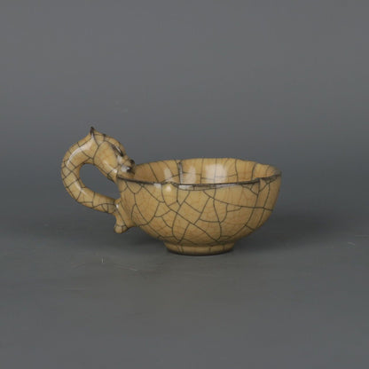 Song Kiln Iron Tire Yellow Glaze Dragon Handle Teacup Antique Porcelain Ornament