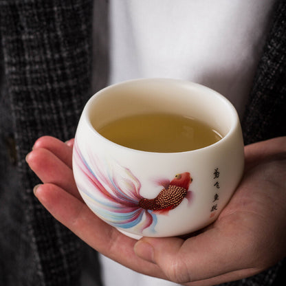 handmade tea cup fat mutton jade porcelain master cup fish print creative teacup