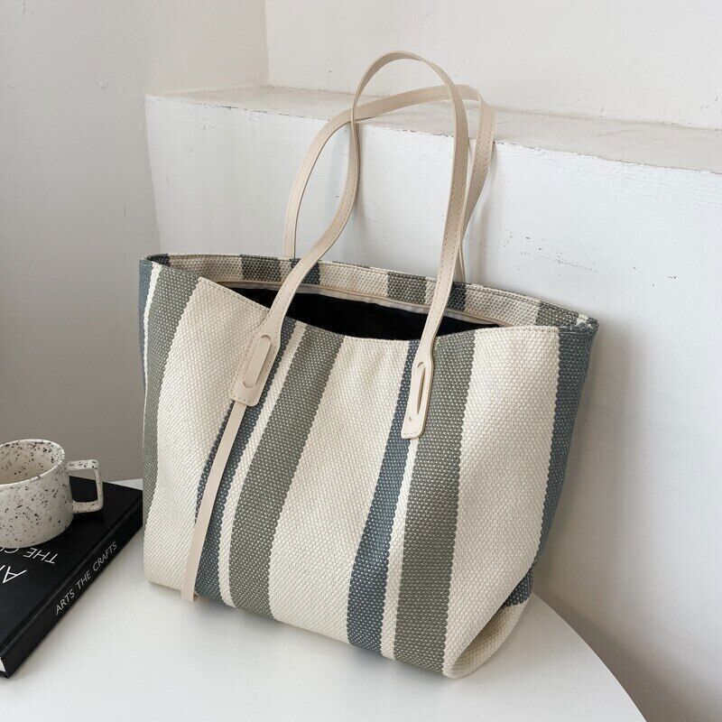 Canvas Women Shopping Shoulder Bags Stripes Handbags Female Bucket Tote Bag