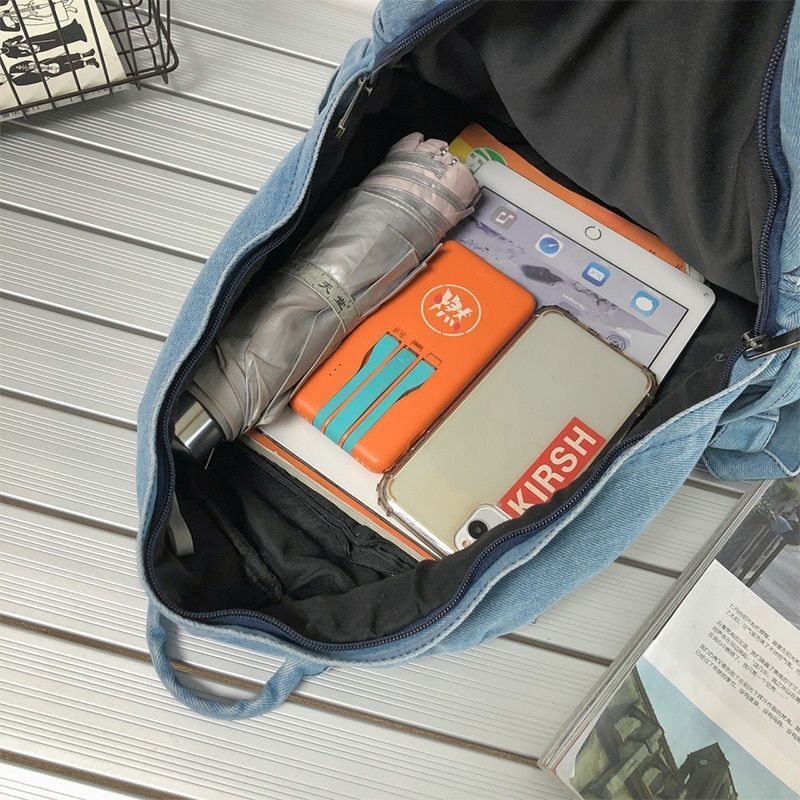 Gray Denim Backpack Leisure Travel Shoulder Bags Schoolbags Unisex 20-35 L Blue