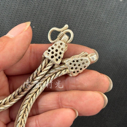 Vintage Copper Silver-Plated Double Dragon Necklace, Antique Collection