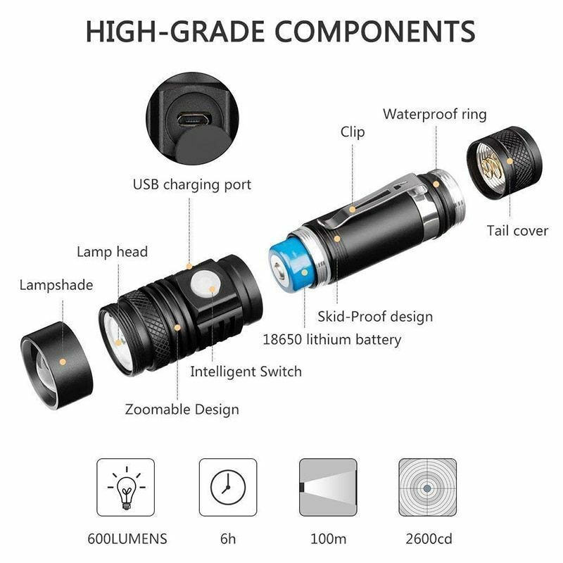 LED Flashlight Ultra Bright XP-L V6 Lamp Beads Waterproof Torch Zoomable 4 Modes