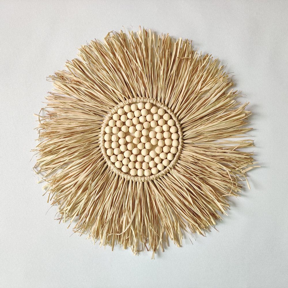 Wall Decor Boho Handmade Woven Straw Moroccan Wood Bead Hanging Ornament 45x45cm