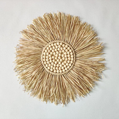 Wall Decor Boho Handmade Woven Straw Moroccan Wood Bead Hanging Ornament 45x45cm