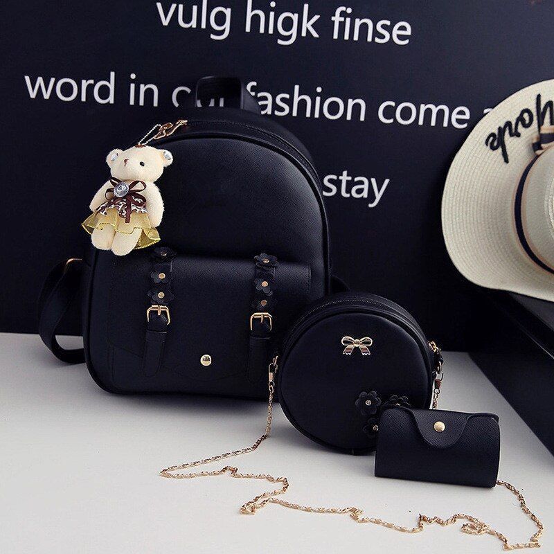 Leather Three Piece Backpack Sets Women Fashion Leather Backpack Card Holder 1PC
